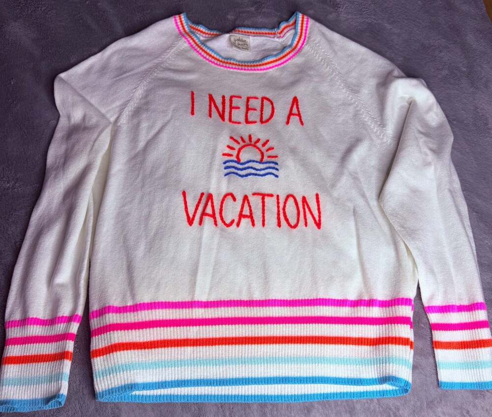 Golden Sun Vacay Ready I Need A Vacation Embroidered Striped Trim Sweater